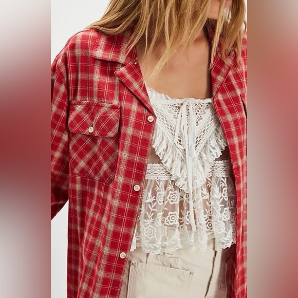 Free People x Found Raw-Cut Fringe Plaid Camp Shirt - Picture 2 of 5